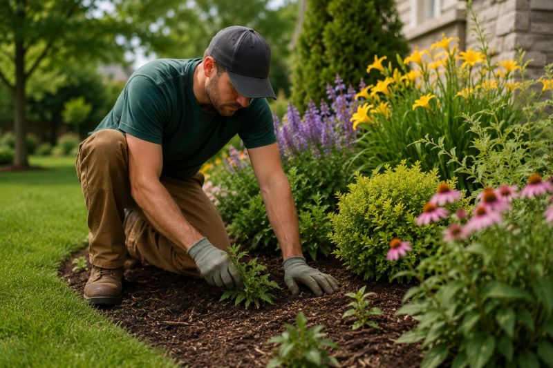 Gardener hand-weeding a flower bed at a Sacramento home