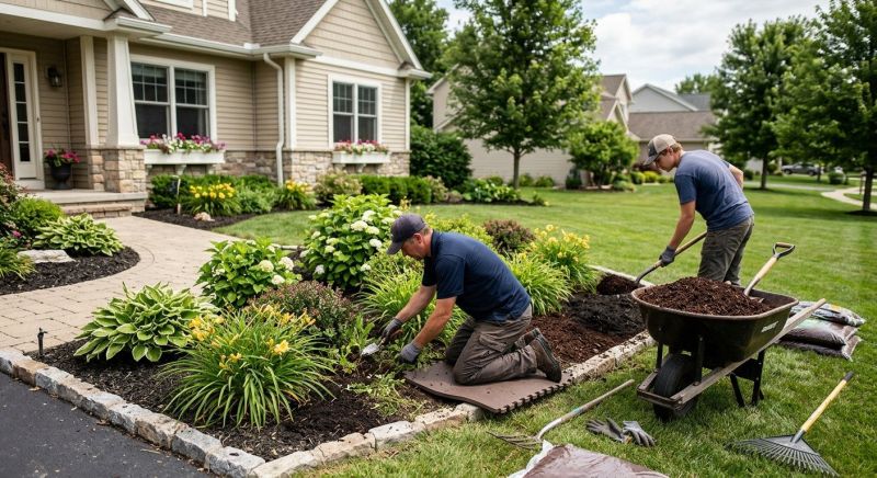 Crew refreshing a flower bed with fresh mulch in front of a home