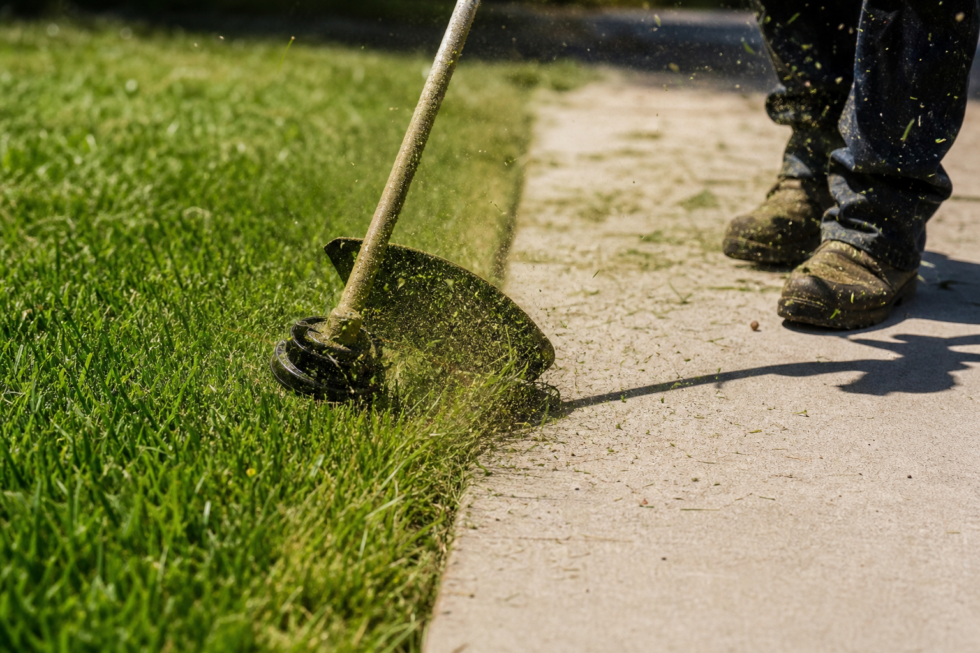 Close-up of a trimmer cutting a razor-sharp edge along a sidewalk