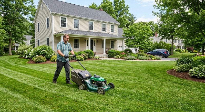 Homeowner's lawn being mowed in front of a Sacramento-style suburban home